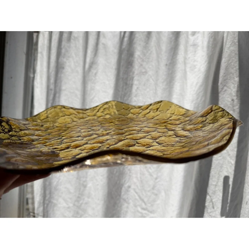 Vtg. Glass Serving Plate Amber Hammered Scalloped MCM Retro Decor